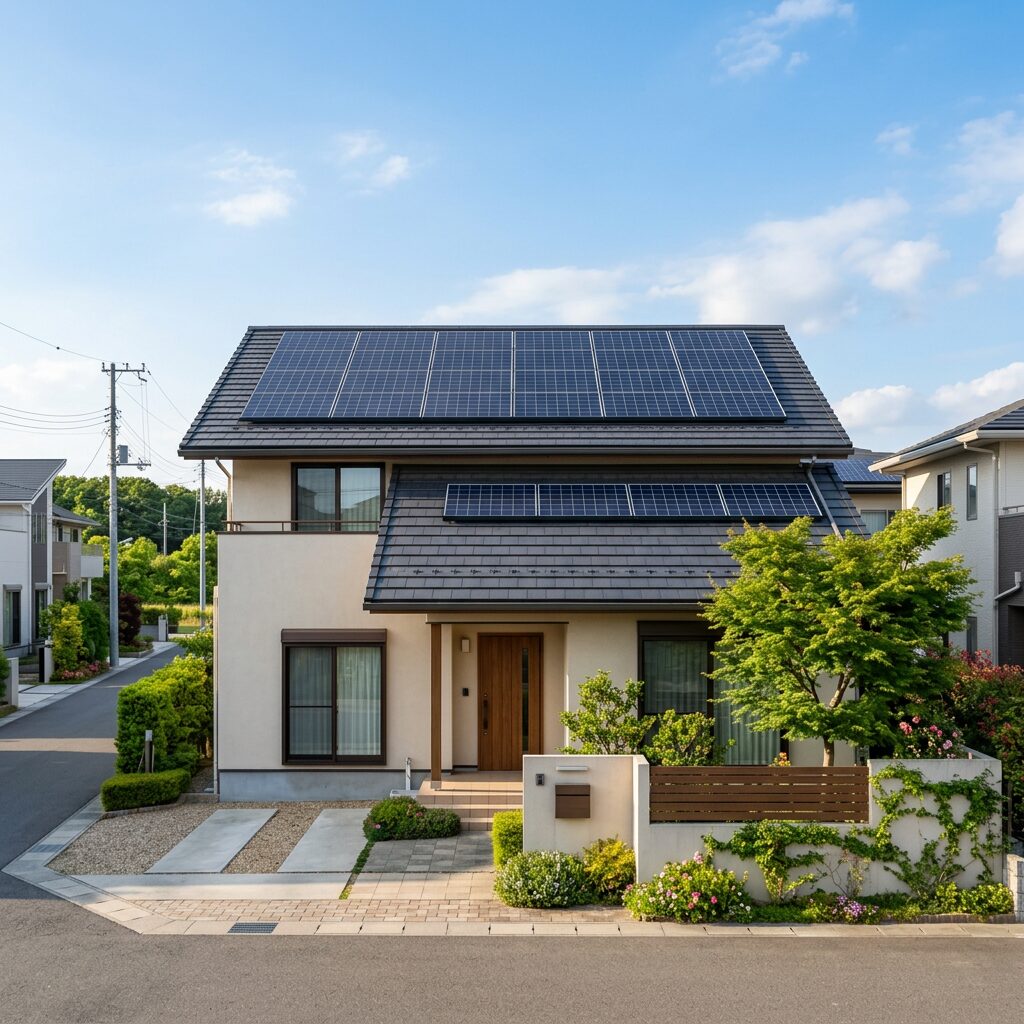 鹿児島の住宅地にある太陽光発電設備付き住宅の風景